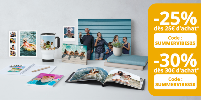 Objets et cadeaux photo, mugs, photos sur toile, tirages, mini tirages, bandes photos, carnet photo pour l'été