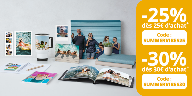 Objets photo, livres, mugs, tirages, mini-tirages, bandes photos, photos sur toile, carnet photo pour l'été